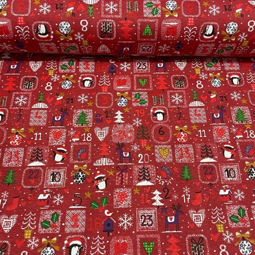 Toile De Coton Noël - Calendrier de l'Avent - Rouge